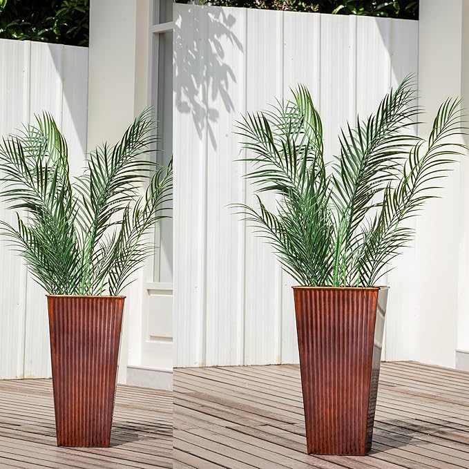 22in Vintage Handmade Metal Vertical Lines Copper Tapered Planters,Planter Box with Drainage Holes and Saucer -Set of 2, Galvanized Steel Planter for Indoor/Outdoor/Porch/Garden-Ruum Studio Home