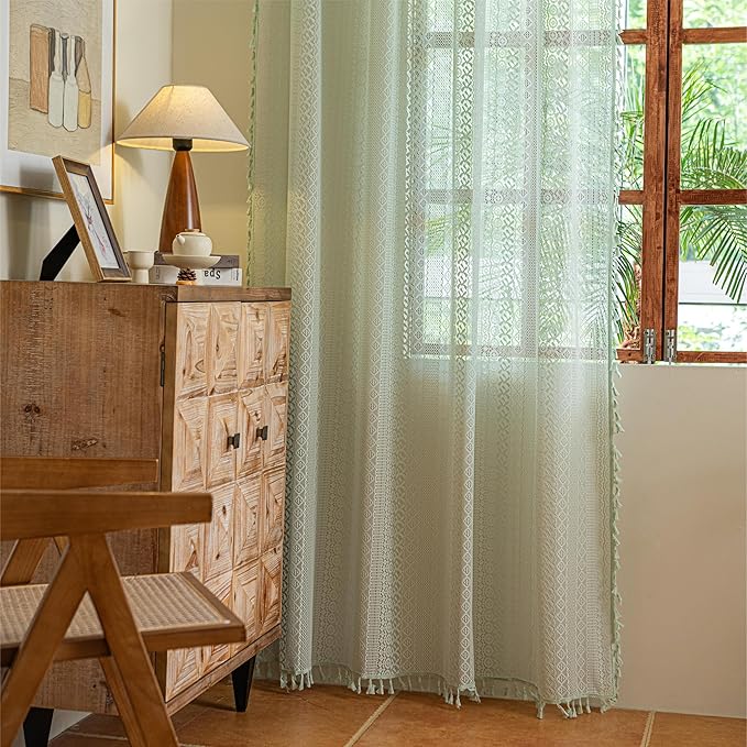 Sutuo Home Boho Sheer Curtains for Kitchen Kid's Room,Crochet Lace Bohemian Hollow Knitted Handmade Tassels Window Treatment Vintage Chic Rod Pocket Farmhouse Drapes, 1 Panel 59" W x 63" L, Mint Green-Ruum Studio Home