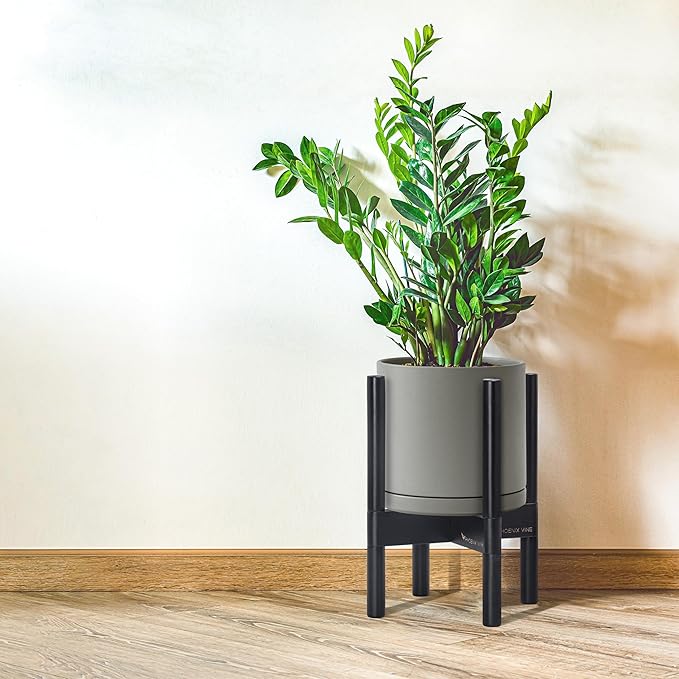 D'vine Dev Ceramic Planter with Ebony Stand - 8 Inch Modern Round Flower Pot with Wood Planter Holder, Grey, 55-B-M-3-Ruum Studio Home