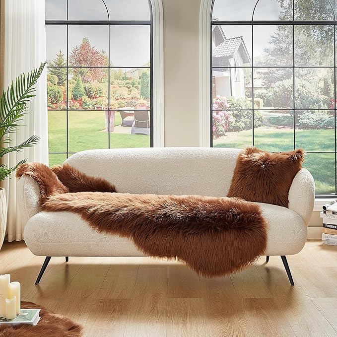 AMTOVO Faux Sheepskin Rug, Coffee Ultra Soft Fluffy Shag Area Rug, 2 x 6 ft Faux Fur Rug for Bedroom Sofa Throw Cushion Room Decor, Sheepskin-Ruum Studio Home