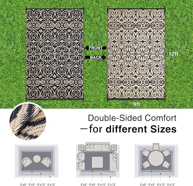 OLANLY Outdoor Rug Waterproof 9x12 ft Clearance, Reversible Outdoor Plastic Straw Rug with Floral Pattern, RV Mat for Patio, Camping, Balcony, Deck, Backyard, Black & Beige-Ruum Studio Home