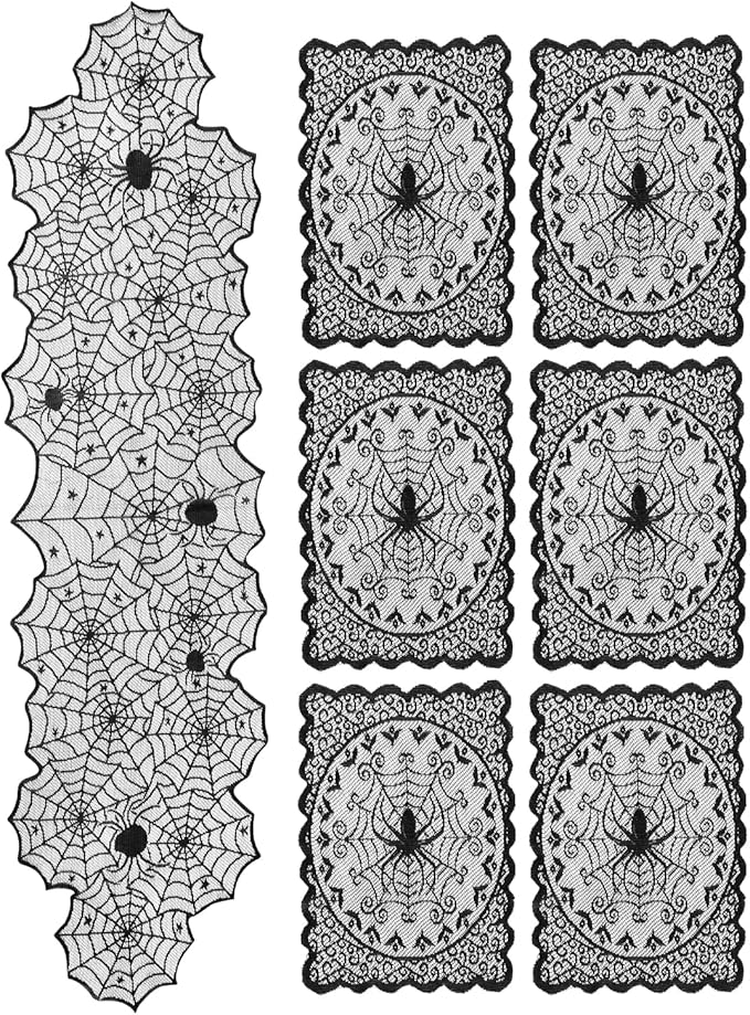 eZAKKA Halloween Table Runner with 4Pcs Placemat, Black Lace Spider Web Table Runners for Parties Gothic Spooky Home Decorations, 18 x 72 Inch-Ruum Studio Home