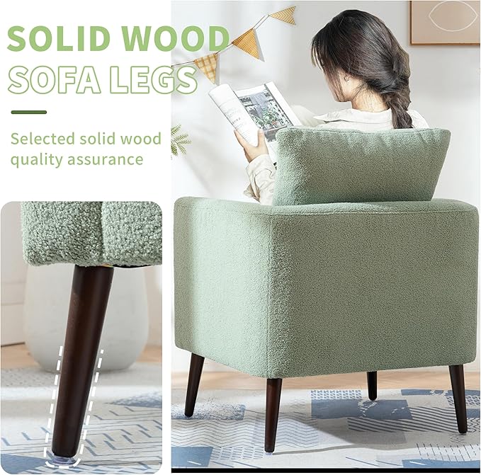 Barrel Accent Chair Set of 2 with Back Pillow, Large Teddy Upholstered Armchair with Solid Wood Legs Modern Reading Chairs for Living Room Bedroom-Ruum Studio Home