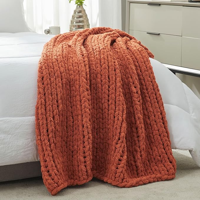 Amélie Home Chunky Knit Throw Blanket for Couch, Soft Chenille Crochet Blanket for Sofa, 50"x60", Burnt Orange-Ruum Studio Home