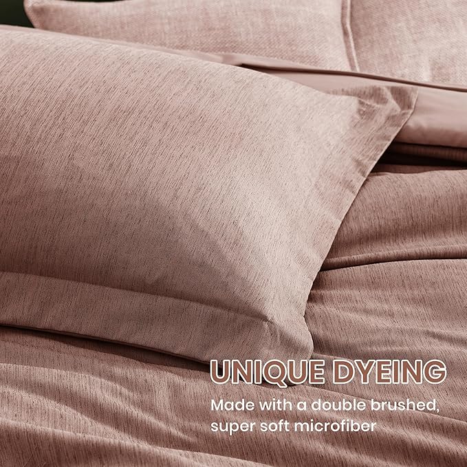 Monbix Queen Comforter Set - 7 Pieces Dusty Pink Cationic Dyeing Bed in a Bag Queen Bedding Sets with Sheets, Pillowcases & Shams, Reversible Bedding Comforters-Ruum Studio Home