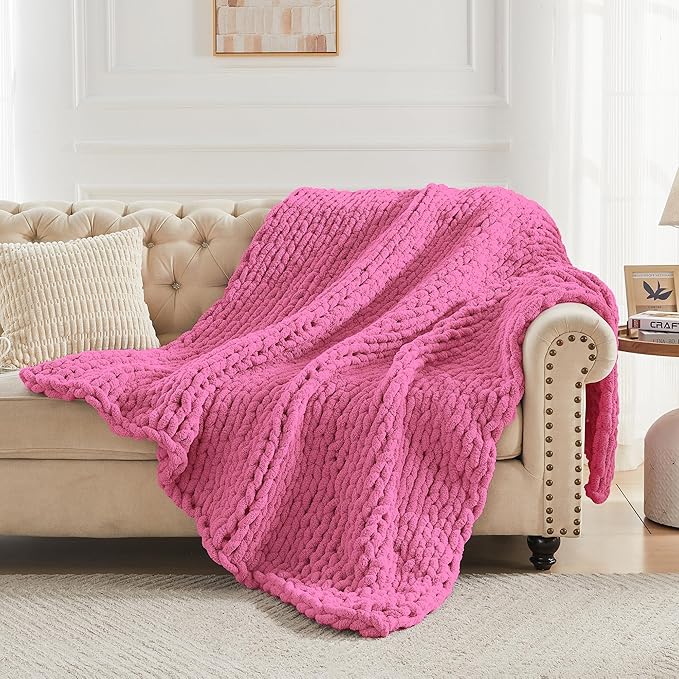 Carriediosa Chunky Knit Throw Blanket 60" X 80" Twin, 100% Hand Made Large Chenille Loop Yarn Soft Fluffy Throws for Couch Sofa Bed, Big Crochet Cozy Heavy Thick Cable Woven Blankets, Hot Pink-Ruum Studio Home