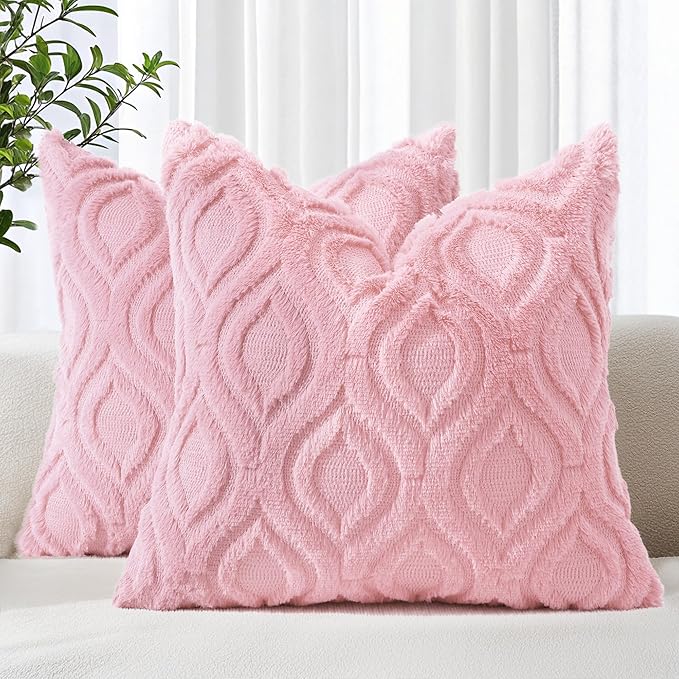 decorUhome Throw Pillow Covers 26x26 Inch Set of 2, Soft Plush Decorative Faux Fur Light Pink Solid Couch Pillow Covers, Accent Farmhouse Neutral Square Euro Pillow Cases for Sofa Bed Living Room-Ruum Studio Home