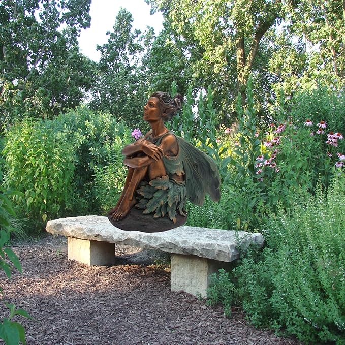 Copper Toned Fairy Holding Knees with Blue Accents Garden Statue, Whimsical Outdoor Decor, 13 Inches-Ruum Studio Home