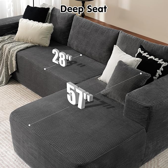 ovios 104" Cloud Sectional Couch with L-Shape Chaise,Modern Modular Sofa with Deep Seat, Upholstered Couches for Living Room Bedroom,No Assembly Required, Grey (Corduroy Fabric)-Ruum Studio Home