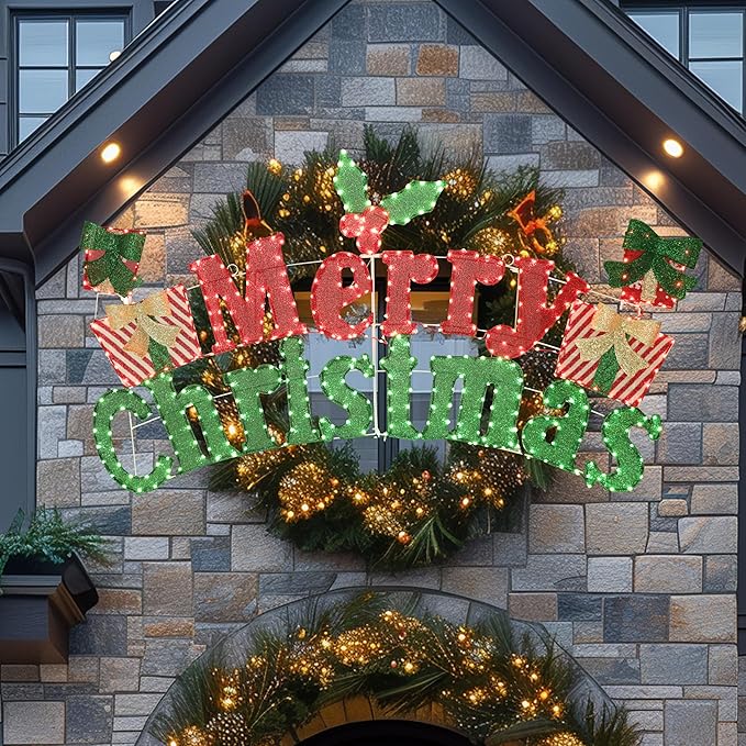 6FT Merry Christmas Sign for Decoration, 2-in-1 Pre-Lit Holiday Greeting Sign Decor with 456 LED Lights, Freestanding or Hanging Glittered Holiday Display for Outdoor, Indoor-Ruum Studio Home