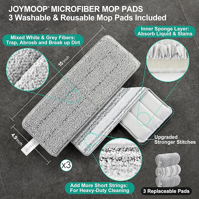 JOYMOOP Mop and Bucket with Wringer Set, Flat Squeeze Mop with Bucket (X-Large), Dust Mop for Wall Cleaner with Long Handle, Microfiber Mop - White Bucket with 3 Reusable 15" Pads-Ruum Studio Home