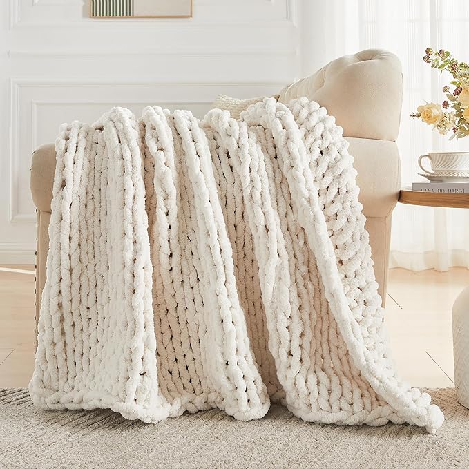 Carriediosa Chunky Knit Throw Blanket 60" X 80" Twin, 100% Hand Made Large Chenille Loop Yarn Soft Fluffy Throws for Couch Sofa Bed, Big Crochet Cozy Heavy Thick Cable Woven Blankets, Cream White-Ruum Studio Home