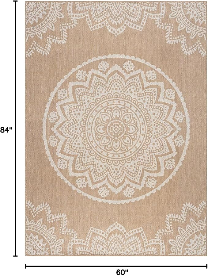 CAMILSON Outdoor Rug 5x7 Modern Area Rugs for Indoor and Outdoor Patios and Porches - Waterproof, Washable, Non-Shedding, Easy-to-Clean Outside Carpet (5 x 7, Medallion - Beige/White)-Ruum Studio Home