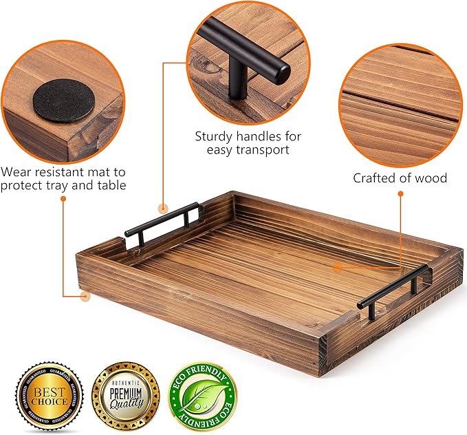 Ottoman Tray | Decorative Coffee Table Tray with Handles - Wooden, 17x13 Inch - Includes 4 Coasters - Ideal for Ottoman, Breakfast-Ruum Studio Home