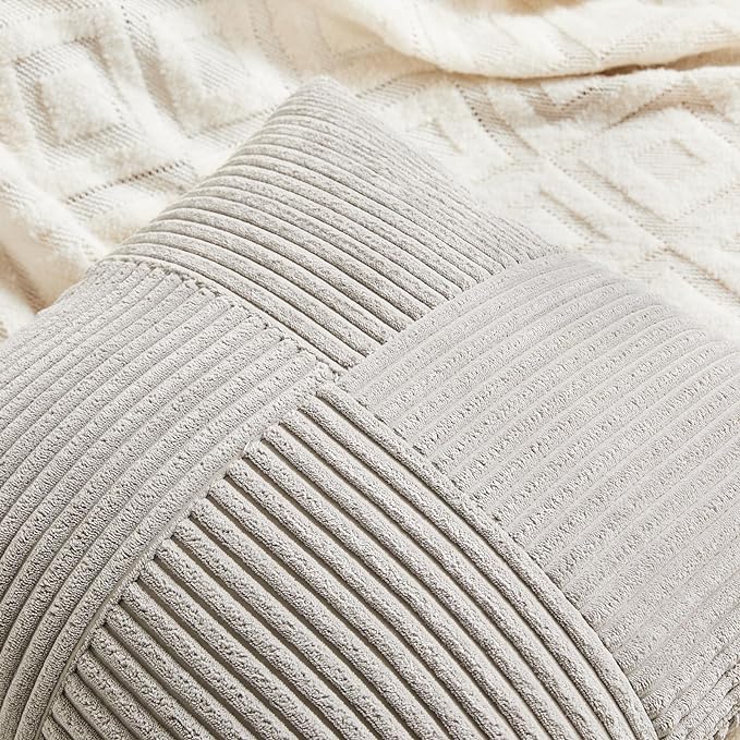 Fancy Homi 2 Packs Neutral Grey Big Decorative Throw Pillow Covers 24x24 Inch for Living Room Couch Bed, Rustic Farmhouse Boho Home Decor, Soft Corss Corduroy Patchwork Accent Square Cushion Case 60cm-Ruum Studio Home