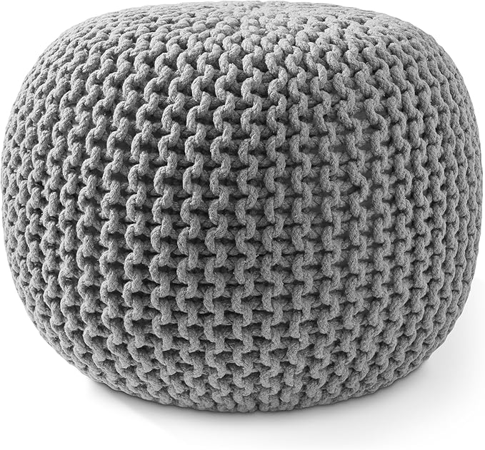 Casafield Round Pouf Ottoman, Light Gray - 20" Diameter x 14.5" High Cotton Knit Foot Stool - Boho Floor Pouffe for Living Room, Bedroom, Home Office-Ruum Studio Home