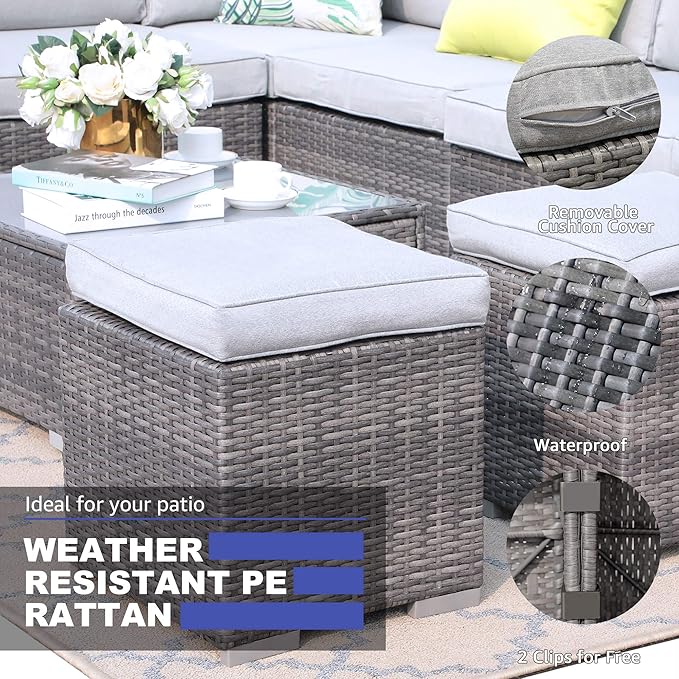 Patiorama 2 Pieces Assembled Outdoor Patio Ottoman, Indoor Outdoor All-Weather Grey Wicker Rattan Outdoor Footstool Footrest Seat with Light Grey Cushions, No Assembly Required-Ruum Studio Home