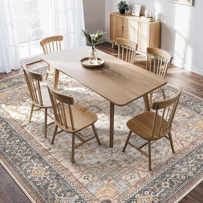 Washable Area Rugs for Living Room - 7x9 Neutral Vintage Distressed Floral Farmhouse Boho Large Soft Floor Rug Indoor Non Slip Carpet for Living Room Bedroom Dining Room Office - Forest Green Orange-Ruum Studio Home