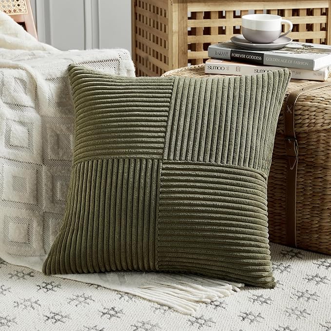 Fancy Homi 2 Packs Olive Green Euro Decorative Throw Pillow Covers 28x28 Inch Room Couch Bed, Rustic Farmhouse Boho Home Decor, Soft Corss Corduroy Patchwork Textured Cushion Case 71x71 cm-Ruum Studio Home