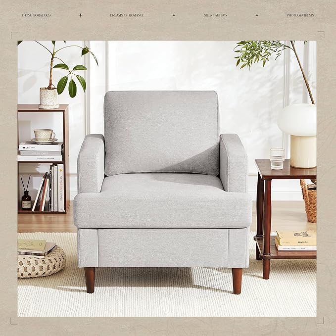 Mid-Century Accent Chair,Modern Linen Fabric Armchair for Living Room,Comfy Upholstered Reading Accent Chairs for Bedroom,Single Sofa Chair with Wood Legs (Light Grey, 2 Pack)-Ruum Studio Home