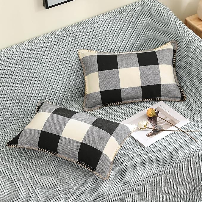 decorUhome Buffalo Plaid Check Throw Pillow Covers 12x20 Set of 2, Outdoor Lumbar Decorative Farmhouse Neutral Pillow Covers with Stitched Edge for Bed Couch Sofa, Black and White-Ruum Studio Home