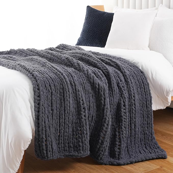 Battilo Chunky Knit Throw Blanket, Soft and Thick Chenille Throw Blanket, 50"x60" Handmade Cable Knit Crochet Blanket, Large Rope Knot Throw Blankets for Couch Sofa Bed Home Decor, Grey-Ruum Studio Home
