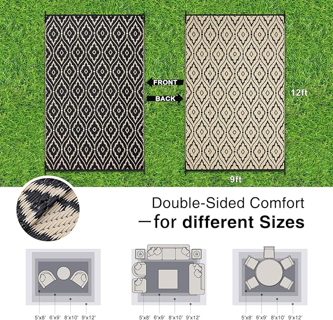 OLANLY Outdoor Rug 9x12 ft Waterproof, Outdoor Plastic Straw Rug with Geometric Pattern Clearance, Reversible RV Mat for Patio, Camping, Balcony, Deck, Backyard, Black & Beige-Ruum Studio Home