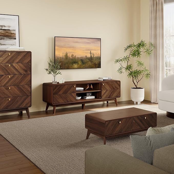 LuxenHome Mid Century Modern TV Stand, 63" TV Stands for Living Room for TVs up to 65", Entertainment Center with Storage, Wood TV Console with Tapered Legs, Television Stands-Ruum Studio Home