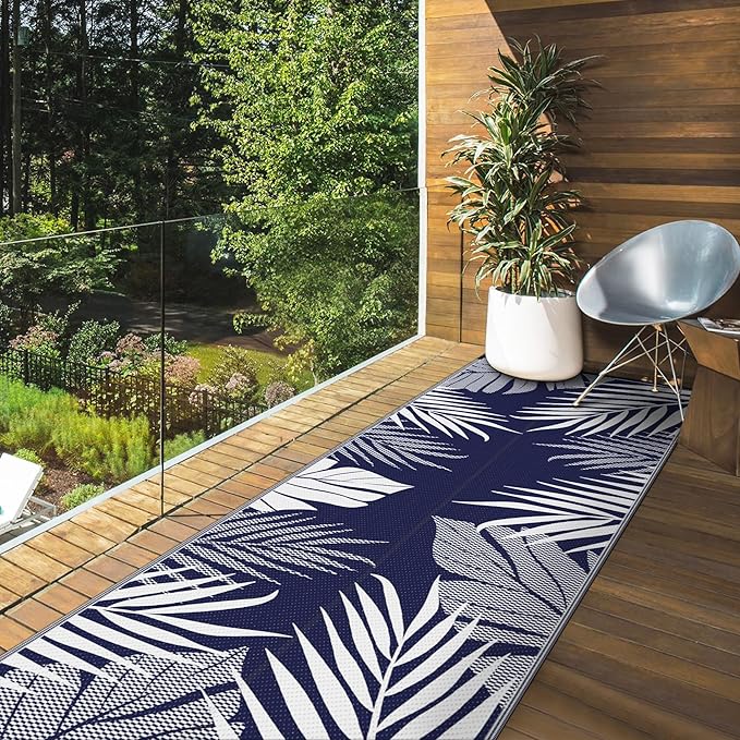GENIMO Outdoor Rug 2.5' x 8' Waterproof for Patios Clearance, Reversible Outdoor Plastic Straw Camping Rug Carpet, Large Area Rugs Mats for RV, Camper, Deck, Balcony, Porch, Beach, Navy Blue&White-Ruum Studio Home