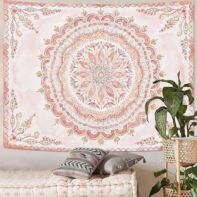 Fowocu Boho Floral Mandala Tapestry Wall Hanging Pink Bohemian Flower Medallion Tapestry Aesthetic Watercolor Hippie Indian Large Tapestries for Bedroom Living Room Dorm Decor 80 x 60 Inch-Ruum Studio Home