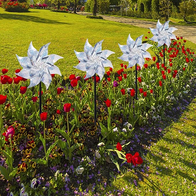 Hausse 10 Pack Reflective Pinwheels with Stakes (Assembly Required), Extra Sparkly Pin Wheel for Garden Decor, Bird Repellent Devices Deterrent to Scare Birds Away from Yard Patio Farm-Ruum Studio Home