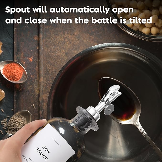 Olive Oil Dispenser Bottle - Includes 55 Kitchen Essential Labels - Cooking Oil Bottles for Kitchen, Coffee Syrup Dispenser - Pourer Spout with 11.8 fl oz Glass Container Cruet - 4pcs Silver-Ruum Studio Home