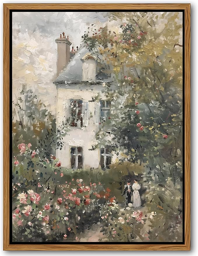 Floating Framed Canvas Vintage Wall Art, Neutral English Cottage Rose Garden Oil Paintings Print, Spring Pictures Wall Decor for Living Room Hallway Bedroom Office Rustic Decor 12x16 inch-Ruum Studio Home