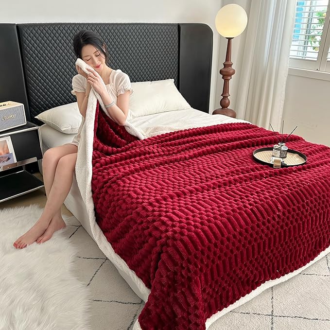 UKELER Sherpa Bed Blanket 80 × 90 inch, Ultra Soft Queen Size Throw Blanket for All Season, 470 GSM Cozy Plush Striped Fleece Blankets for Bedroom Living Room Dorm Hostel Sofa Camping, Red-Ruum Studio Home