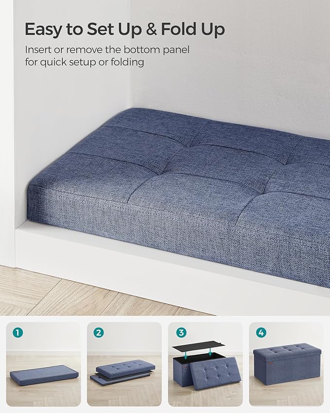 SONGMICS Mazie Collection - 30 Inches Folding Storage Ottoman Bench, Ottoman Foot Rest, End of Bed Bench, Storage Chest, Load 660 lb, for Living Room, Bedroom, Entryway, Misty Blue ULSF047Q01-Ruum Studio Home