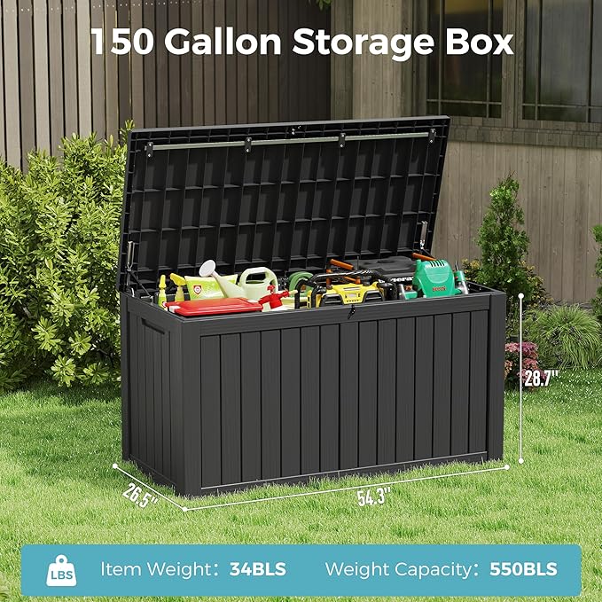KAMABOKO Outdoor Storage Box, 150 Gallon Large Outdoor Resin Deck Box, Storage Waterproof Boxes Lockable Lid for Garden Tools, Pool Supplies, Patio Furniture and Cushions, Black-Ruum Studio Home