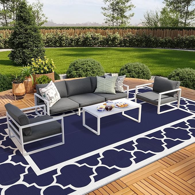 GENIMO 10 ' x 20 ' Outdoor Rug Waterproof for Patio Decor, Foldable Reversible Plastic Straw Area Rugs Mat for Camper, Outside Carpet for Rv, Deck, Porch, Picnic, Beach, Balcony, Blue & White-Ruum Studio Home