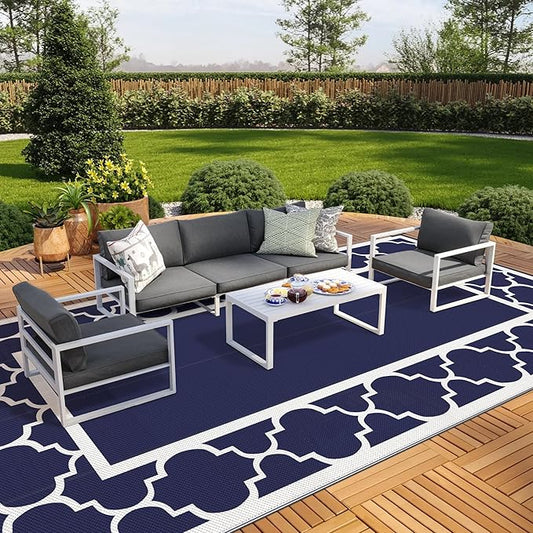 GENIMO 10 ' x 20 ' Outdoor Rug Waterproof for Patio Decor, Foldable Reversible Plastic Straw Area Rugs Mat for Camper, Outside Carpet for Rv, Deck, Porch, Picnic, Beach, Balcony, Blue & White-Ruum Studio Home