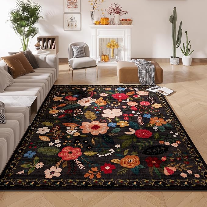 Living Room Rug 6x9 Rug Machine Washable Boho Area Rug Non Slip Floral Vintage Low Pile Large Rug for Living Room, Bedroom, Farmhouse, Dining Room, Kids Playroom(Black)-Ruum Studio Home