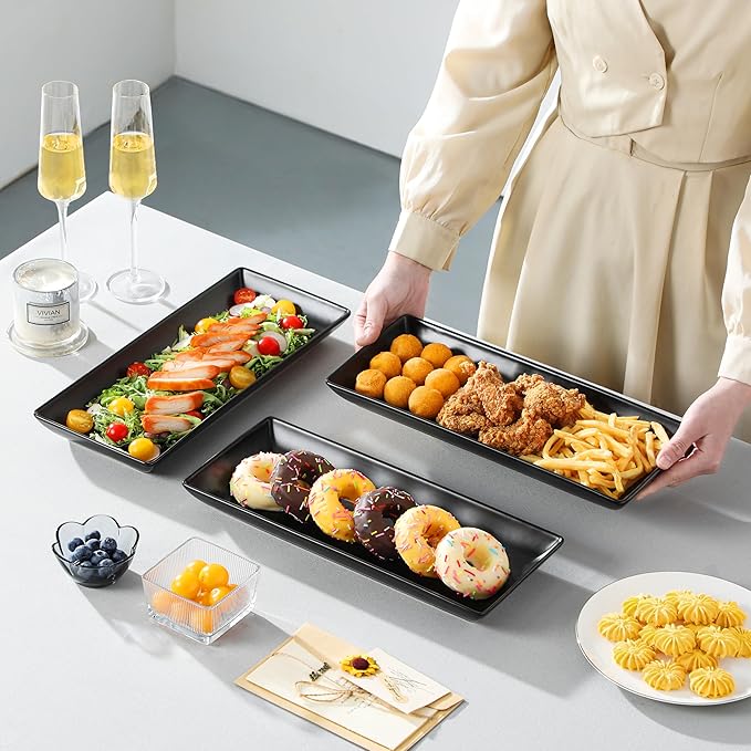 MALACASA 3 Tier Serving Trays for Party, 14 Inch Porcelain Black Trays for Serving Food, Dessert Stand with Collapsible Gold Metal Rack-Ruum Studio Home