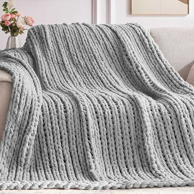 Chunky Knit Throw Blanket, 60''*80'' Knitted Throw Chenille Yarn for Bed Couch, Handmade Light Grey Crochet Big Thick Blanket, Machine Washable Cute Comfy Blanket for Home Decor-Ruum Studio Home