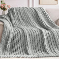 Chunky Knit Throw Blanket, 40''*50'' Knitted Throw Chenille Yarn for Bed Couch, Handmade Light Grey Crochet Big Thick Blanket, Machine Washable Cute Comfy Blanket for Home Decor-Ruum Studio Home