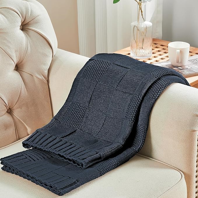 CozeCube Check Knit Throw Blanket, Midnight Navy Checkered Throw for Couch, Decorative Christmas Soft Cozy Warm Knitted Blanket for Bed Sofa Living Room, 50"X60"-Ruum Studio Home
