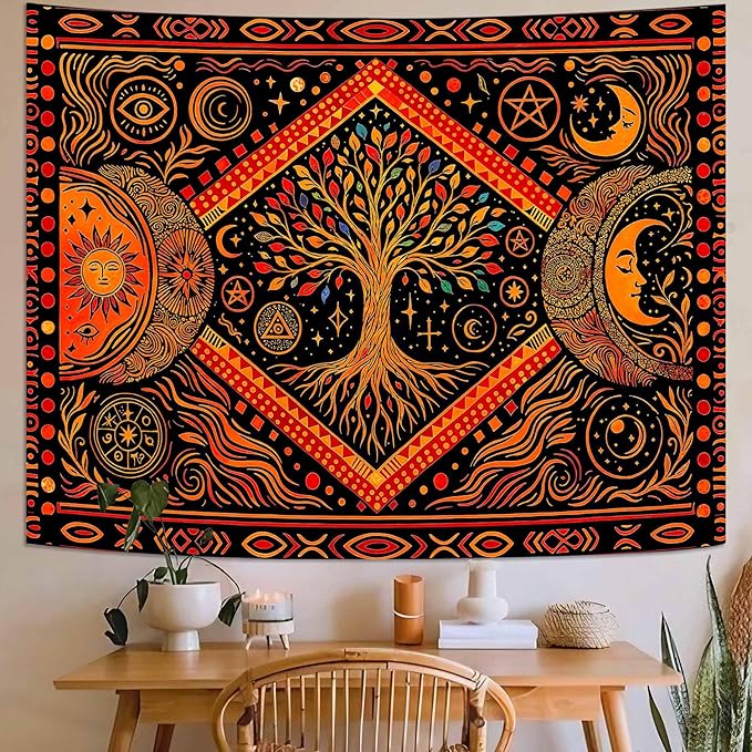 Lunerfex Tree of Life Sun Moon Stars Wall Tapestry, Cosmic Harmony Symbol Tapestries for Home Decor, Mystical Tapestry 60x44 Inch-Ruum Studio Home