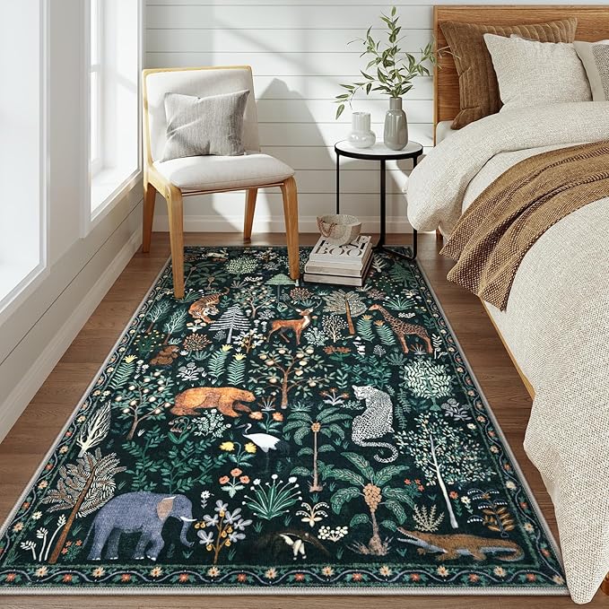 OJIA Jungle Print 5x7 Area Rugs for Living Room, Green Soft Washable Rugs for Bedroom Ultra-Thin Non-Slip Modern Rug, Stain Resistant Nursery Rug Carpet for Kids Playroom Nursery Dining Room-Ruum Studio Home