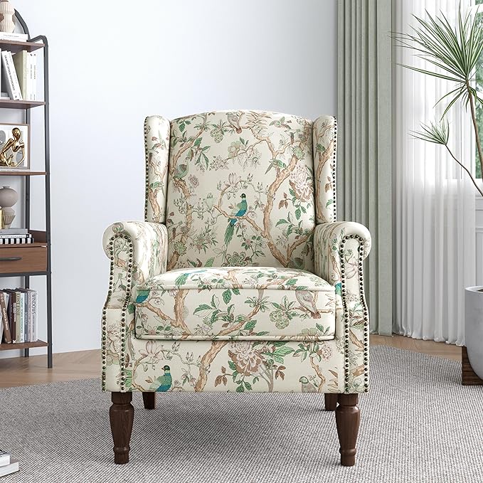 Lumibee High Back Accent Chair, Armchair in Fabric,Comfy Upholstered Wingback Single Sofa Reading Chair with Solid Wood Legs for Living Room,Bedroom,Office-Bird-Ruum Studio Home