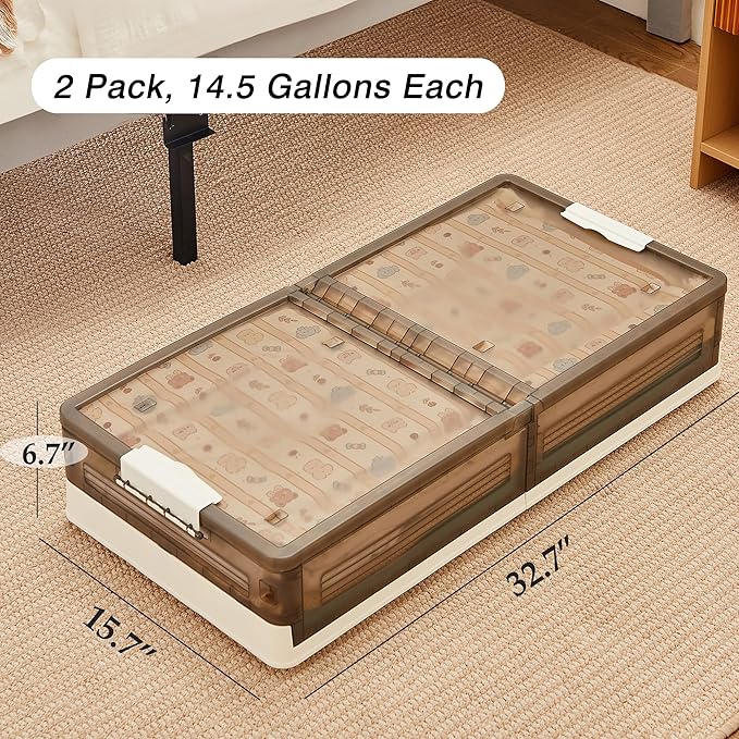 VECELO Under Bed Storage with Wheels, 2 Pack Stackable Under Bed Storage Containers, Underbed Storage Containers with Lids, Plastic Foldable Folding Box for Clothes Shoes, Grey-Ruum Studio Home