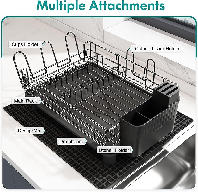 Black Stainless Steel Dish Drainers Drying Rack for Kitchen Counter with Drainboard Set, Rust Proof Metal, Space Saving, Modern Aesthetic, Compact Plates Strainers with Extra Mat-Ruum Studio Home