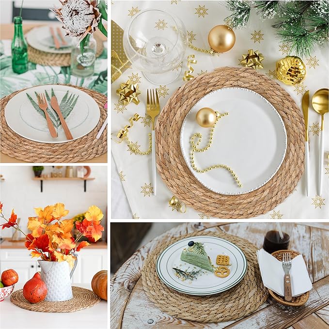 Defined Deco Woven Placemats Set of 10, 13" Round Rattan Placemats,Natural Hand-Woven Water Hyacinth, Farmhouse Weave Place Mats, Rustic Braided Wicker Table Mats for Dining Table, Home, Wedding-Ruum Studio Home