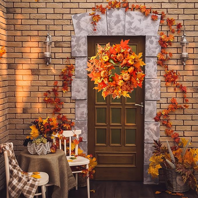 24 Inch Fall Wreaths for Front Door, Fall Decorations for Home,Fall Wreath,Autumn Wreath with Pumpkins Berries Maple Leaves for Thanksgiving Halloween Decorations Indoor Outdoor Outside Fall Decor-Ruum Studio Home